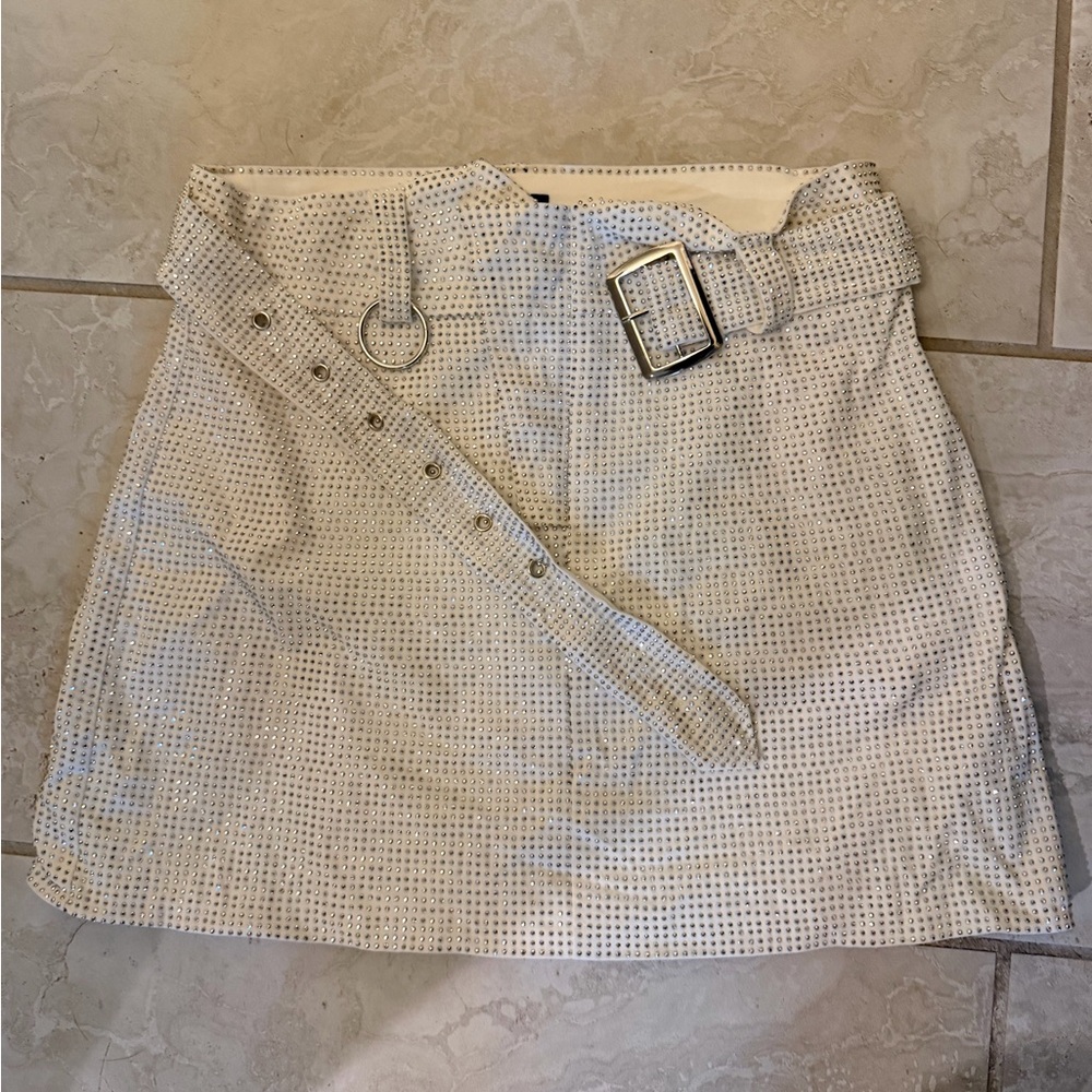 White Rhinestone Mini Skirt with Belt